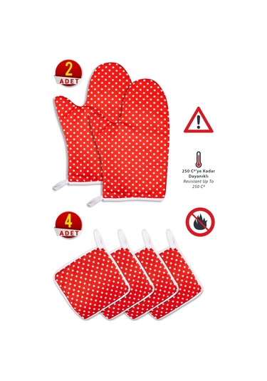 6 Parça Fırın Eldiveni Ve Tencere Tutacak Mutfak Seti & 220 Derece Isıya Dayanıklıkırmızı Puantiye