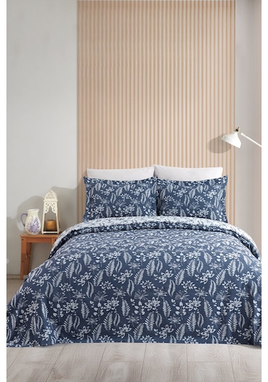 Elart Mokka Keten Görünümlü Yatak Örtüsü Pike Seti 3 Parça Çift Kişilik Lacivert