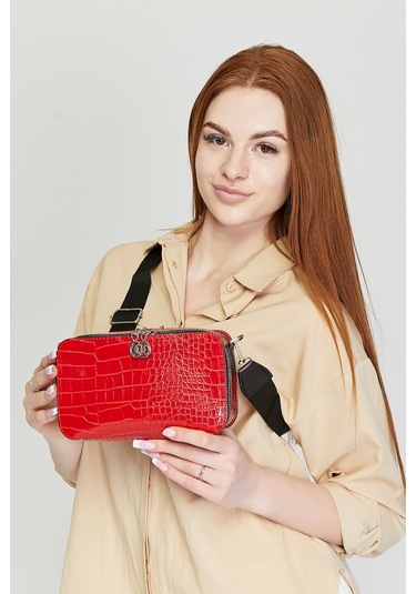 Morpelikan Kırmızı Kroko İki Bölmeli Kadın Omuz Çantası Kırmızı