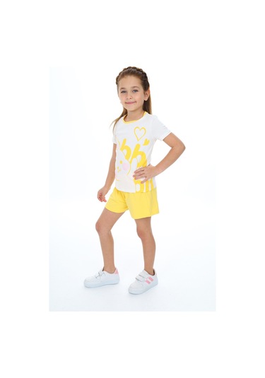 Toontoy Kız Çocuk Garnili Tavşan Baskılı Şortlu Takım Koyu Sarı