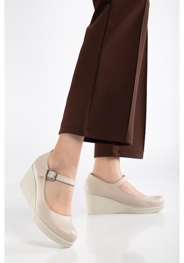 Baretli Suni Deri Bej Rugan Kadın Dolgu Taban Ayakkabı-3808 Bej