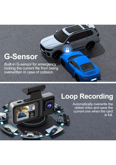 Xuweiwei 3 Channels 64gb Araç Dash Cam Ön Ve Arka Dahili Kamera Hd Gece Görüşü Döngü Kayıt Araç Dvr Siyah Kutu