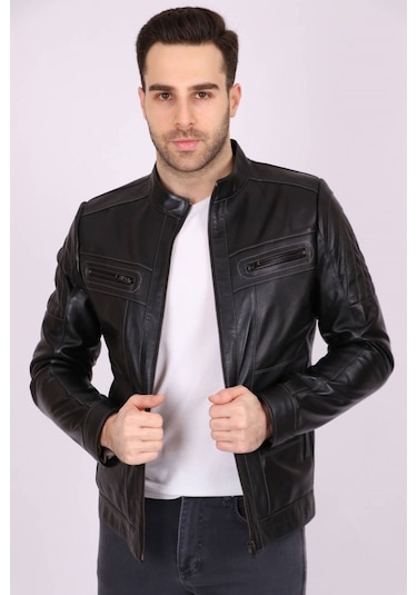 Erkek Siyah Hakiki Deri Hakim Yaka Omuzları Baklava Dikişli Spor Mont