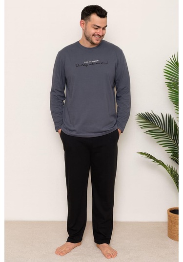 Erkek 6150-21 Uzun Kol % 100 Pamuk Pijama Takımı Füme Füme