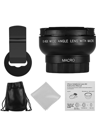 Moveevo Apexel Apl-0.45wm Cep Telefonu Lens Seti: 0.45x Geniş Açı + 12.5x Makro, Lens Klembi, Temizlik Bezi Ve Taşıma Çantası - Siyah