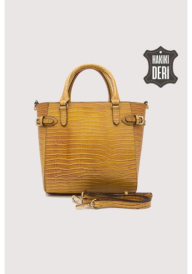 Hakiki Deri Kadın El Çantası Hardal Kroko Smr7922 Hardal Kroko