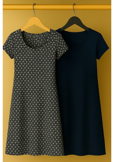 2 Adet Dökümlü Rahat Kalıp Günlük Penye Kumaş Elbise Koyu Lacivert