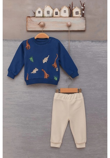 Erkek Bebek Pamuklu 2 Li Takım Dinazor Baskılı Sweatshirt Ve Yeşil Pantolon Mavi
