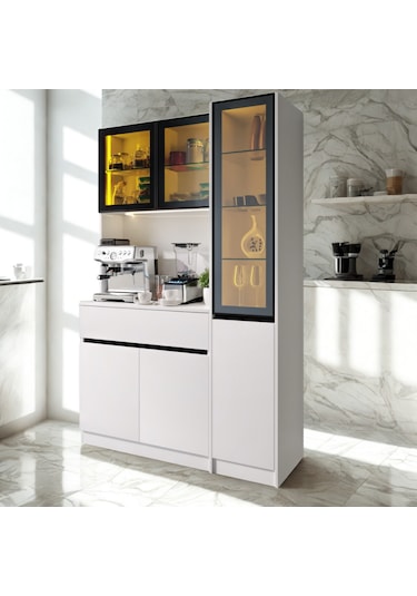 Lumıa Mıdı Sağ Vitrinli Led Li Modüler Kahve Köşesi Mat Beyaz Mdf Kahve Dolabı, Siyah Füme Cam Vitrinli, Büyük Boy Premium Kahve Istasyonu, Geniş Depolama Alanı Lumıa Mıdı Sağ Vitrinli Led Li Modüler Kahve Köşesi Mat Beyaz Mdf Kahve Dolabı, Siyah Füme Cam Vitrinli, Büyük Boy Premium Kahve Istasyonu, Geniş Depolama Alanı