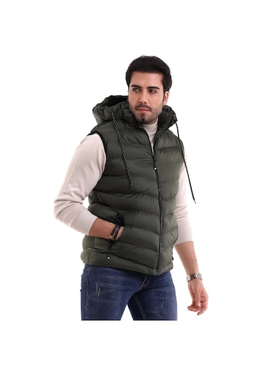 Everest Jel Dolgu Çıkartılabilen Fermuarlı Kapüşonlu Erkek Şişme Yelek Haki