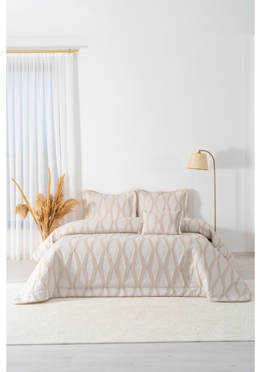 Carina Cappuccino Nakışlı Çift Kişilik Yatak Örtüsü Seti - 4 Parça Çeyiz Seti Bej