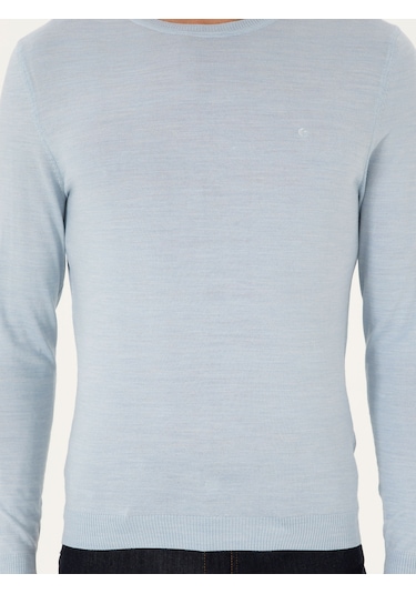 Cacharel Açık Mavi Slim Fit Yün Karışımlı Bisiklet Yaka Basic Triko Kazak Denım