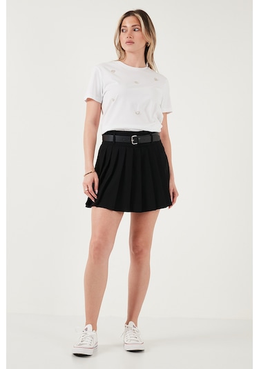 Lela Kemerli Pileli Regular Fit Yüksek Bel Bayan Şort Etek 5866292 Siyah