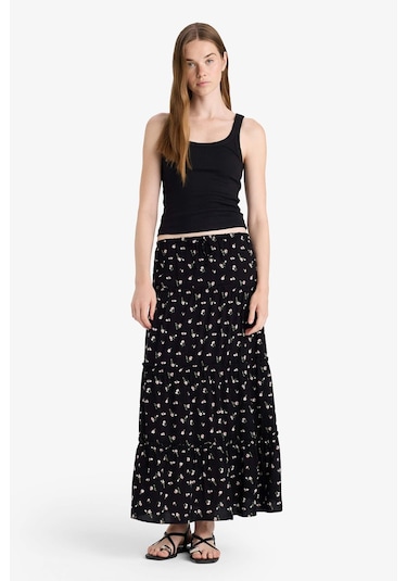 Defacto Çiçek Desenli Yüksek Bel Pamuk Astarlı Maxi Etek F9460ax25hsbk27 Siyah