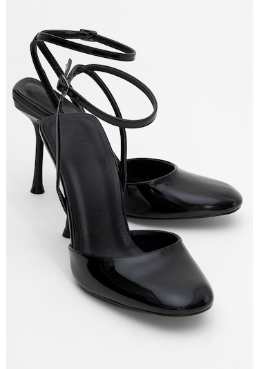 Blues Siyah Rugan Yuvarlak Burun Bilekten Bağlamalı Kadın Yüksek Topuklu Ayakkabı Siyah Rgn Siyah