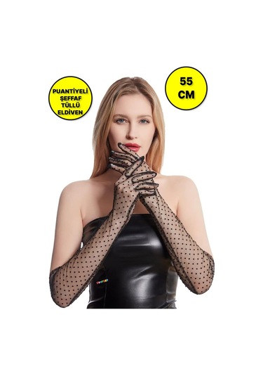 Uzun Boy Siyah Puantiyeli Siyah Renk Yetişkin Tül Eldiven 55 Cm Çok Renkli