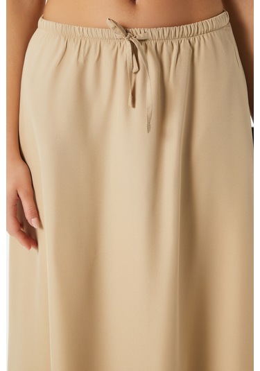 Kadın Seaside Vizon Astarlı Bel Lastikli Cepli Dokuma Uzun Etek Vizon