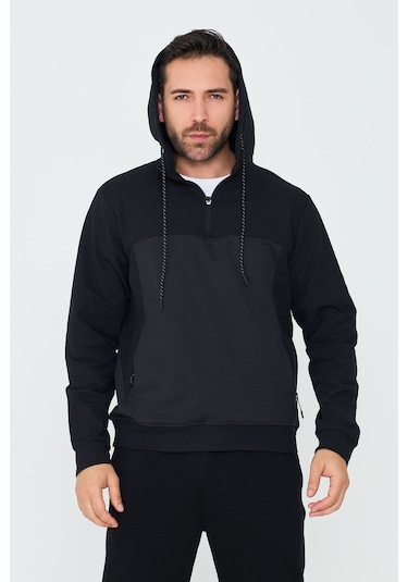 White Stone Siyah Kapüşonlu Yarım Fermuarlı Yandan Cepli Erkek Sweatshirt