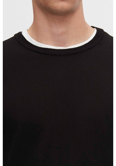 Regular Fit Siyah Tüylenme Yapmayan Bisiklet Yaka Triko Kazak Siyah