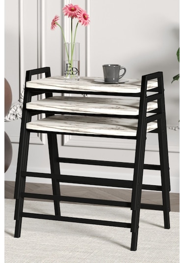 Zigon Sehpa , Aden 3'lü Tepsi Zigon Sehpa Takımı Siyah Metal - Beyaz Mermer Tabla Siyah-beyaz Mermer