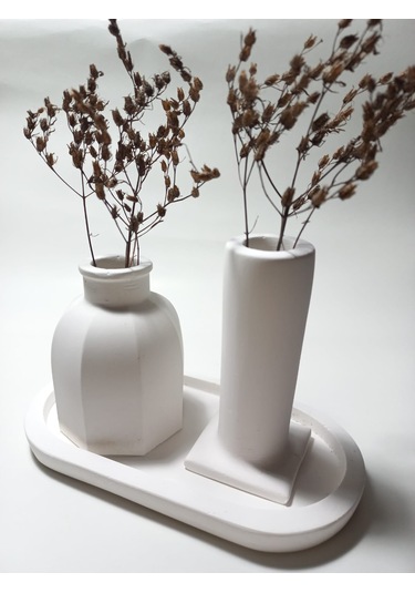 Tabaklı Dekoratif İkili Vazo Set Beyaz Beyaz