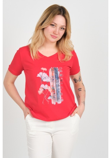 Sistas Kadın Baskı Desenli V Yaka Kısa Kollu Pamuklu Bluz 24100 Kırmızı Kırmızı