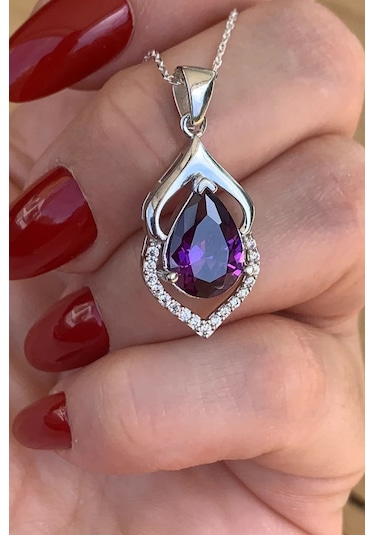 Brezza Lusso Jewelry Gümüş Ametist Taşlı Su Damlası Bayan Gümüş Kolye