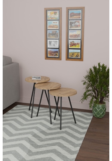 3'lü Zigon Sehpa Seti Metal Ayaklı Yan Sehpa Atlantik Çam