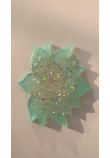 Turkuaz Lotus Çiçeği Desen Gümüş Glitterli Epoksi Bardak Altlığı Turkuaz