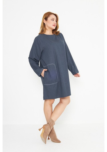 Koyu Mavi Dikiş Detaylı Büyük Beden Tunik Mavi