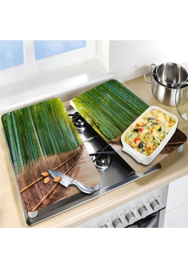 Dekoratif Cam Ocak Koruyucu Ve Kesim Tahtası Bambu Yolu 60cm X 52