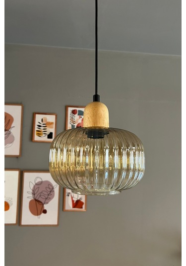 Mola Cam Bal Rengi Tekli Avize Kalın Ahşap Kafa Başlık Retro Sarkıt Lamba Restoran Salon Aydınlatma Bal