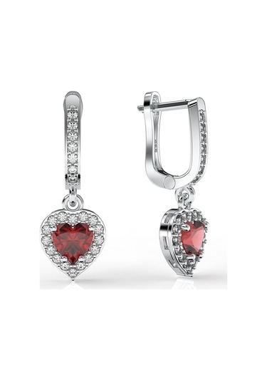 925 Ayar Lal Taşlı Rodyum Pırlanta Işıltılı Sallantılı Kalp Gümüş Küpe Gümüş