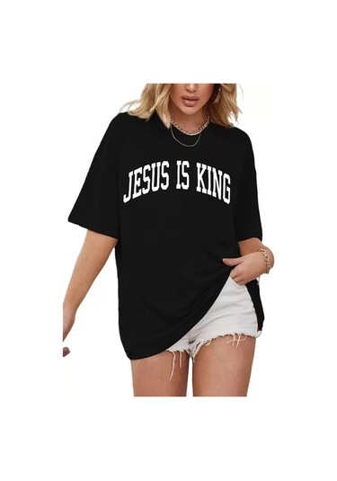 Kadın Bisiklet Yaka Kısa Kol Baskılı T-shirt - Siyah Siyah