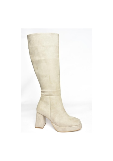 Fox Shoes R282230102 Bej Süet Kalın Topuklu Kadın Çizme Bej