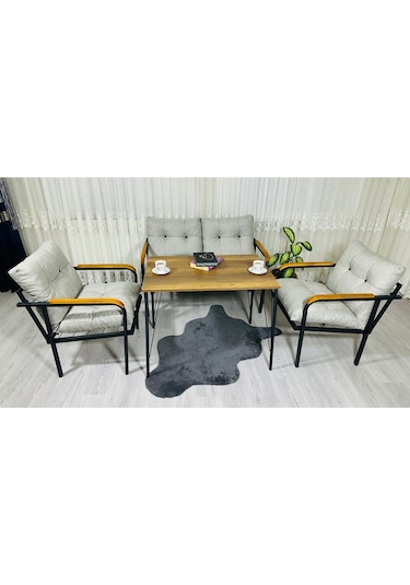 Madame Home Kadife Balkon, Bahçe,teras,cafe - Salon - Metal Kanepe Koltuk Takımı - 2+1+1 + Masa Açık Gri