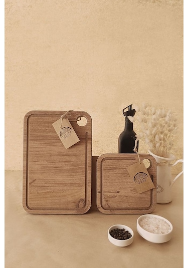 -damlataş Serisi Sunum Ve Kesme Tahtası 2'li Set Ahşap Görünümlü 18 Mm Mdf Kahverengi