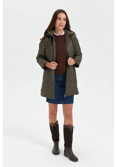 Desen Triko Kadın Yanları Çıtçıtlı Yaprak Desenli Kapüşonlu Araboy Kapitone Kaban 24419 Yeşil Yeşil