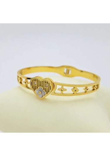 Sedef Detay Kalpli Kalın Çelik Kelepçe Gold