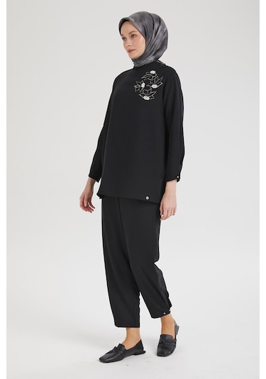 Armine Trend Kolları Düğmeli Taş Desenli Tunik-siyah 25yt443 Siyah