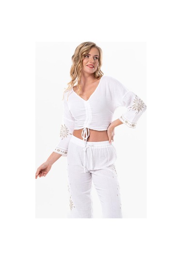 Uzun Kol Günışığı Büzgü Detaylı Yazlık Müslin Bluz Beyaz Byz-beyaz Beyaz