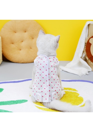 Hangfox Kedi Cerrahi Sonrası Giysi - Doğum Sonrası Kıyafet, Yalama Engeli, Sağlam Malzeme, Mavi Dört Yapraklı Çiçek Desenli