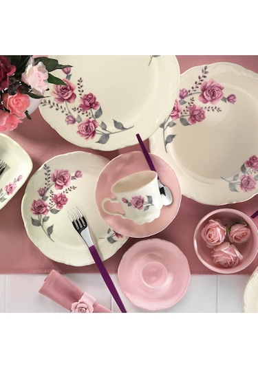 Pudra Çiçek Desenli 38 Parça Kahvaltı Takımı Çok Renkli