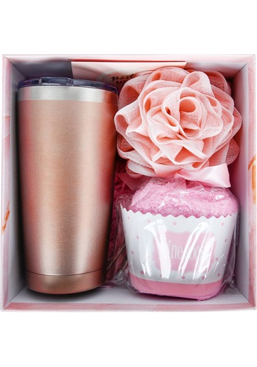 Ranyeek 20 Uncla Çift Katlı Vakumlu Paslanmaz Çelik Termos Bardak Seti Termos + Kapak + Kartpostal + Pasta Bardak Çorap + Banyo Topu + Çelik Pipet + Pipet Fırçası - Hediyelik Kutulu Rose Gold