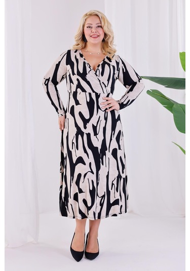 Kadın Bej Siyah Soyut Desen Kruvaze Yaka Büyük Beden Esnek Maxi Elbise Bej - Siyah