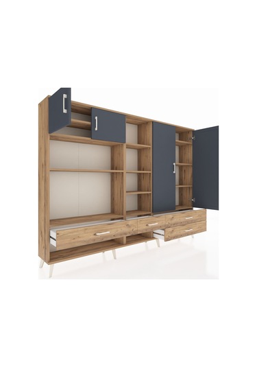 Arges Dolap 12 Raflı 4 Çekmeceli 4 Kapaklı 220x30x163 Çam-antrasi Çam-antrasit/çam