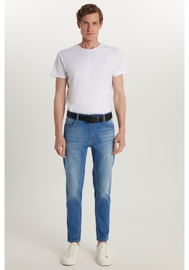 Erkek Normal Kesim Denim Yıkamalı Düz Paça Mavi Jean Kot Pantolon-34482 Mavi