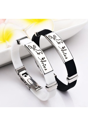 Siyah Charm Takı Paslanmaz Çelik 12 Takımyıldızları Kadınlar İçin Silikon Manşet Bilezikler Aries Siyah