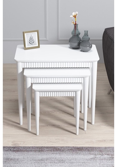 Elegance Beyaz Mdf Lake Boyalı Tabla Gürgen Ayaklı 3 Lü Zigon Sehpa Takımı Çay Sehpası Servis Sehpa Antrasit