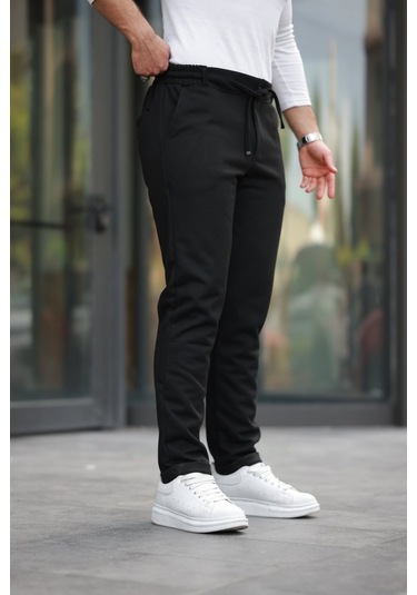 Erkek Beli Bağcıklı Duble Paça Örme Pamuklu Kumaş Jogger Pantolon Siyah